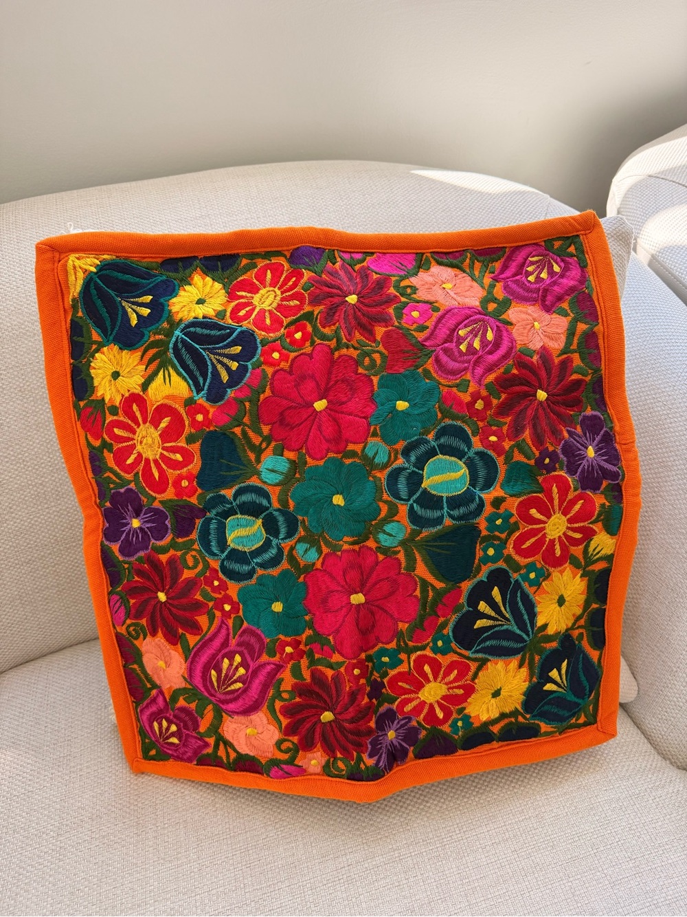 Hand-Embroidered Floral Accent Pillow Cover in Orange